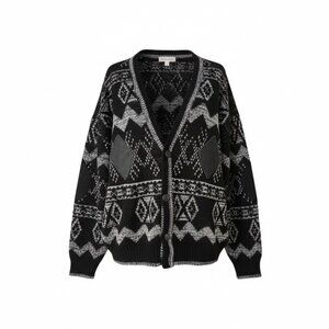 Vintage Chartwell Black & Gray Patterned Cardigan 2X Acrylic Leather Trim